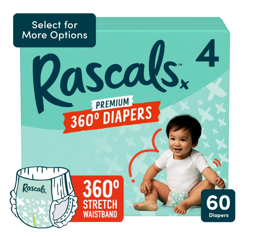 Rascals Premium 360 Absorbent Pull-On Diapers, Size 4, 60 Count