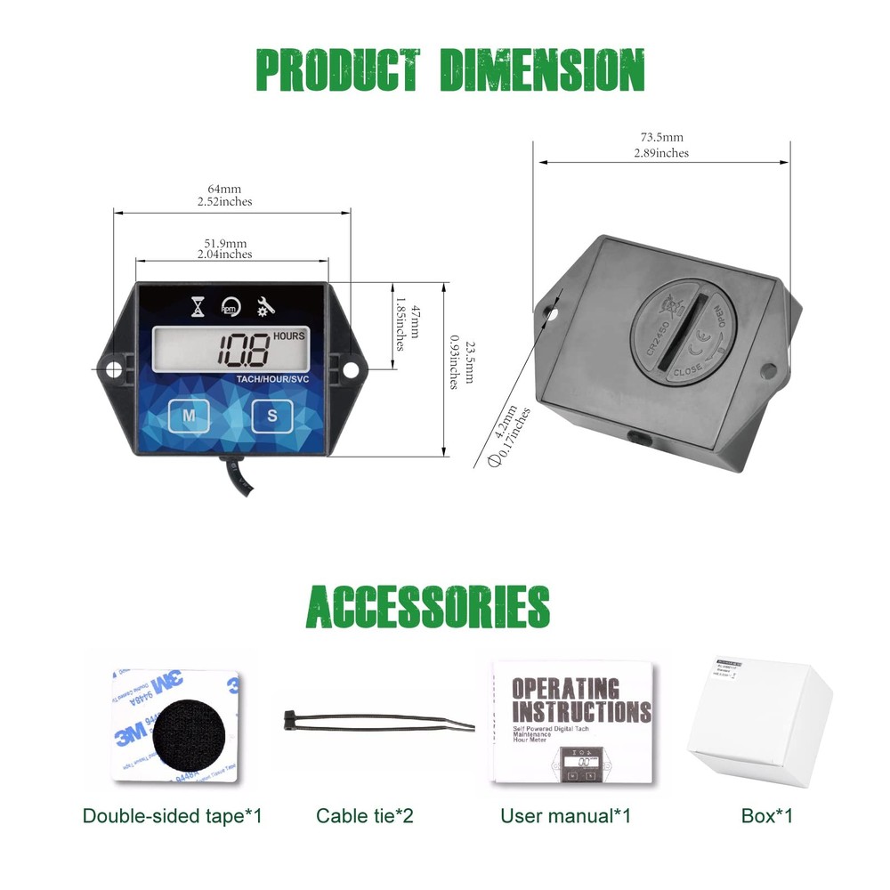 Digital Small Engine Tachometer Hour Meter,Resettable Hours,Replaceable Batte...