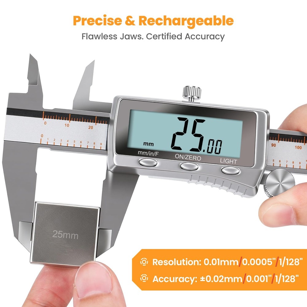 Digital Caliper, Rechargeable Caliper Measuring Tool with Backlight LCD Scree...