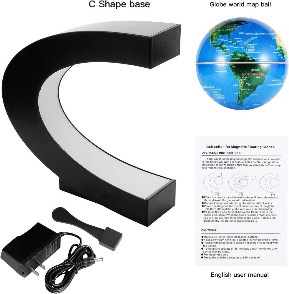 Magnetic Levitating Floating World Map Globe, C Shape Display Frame with LED ...