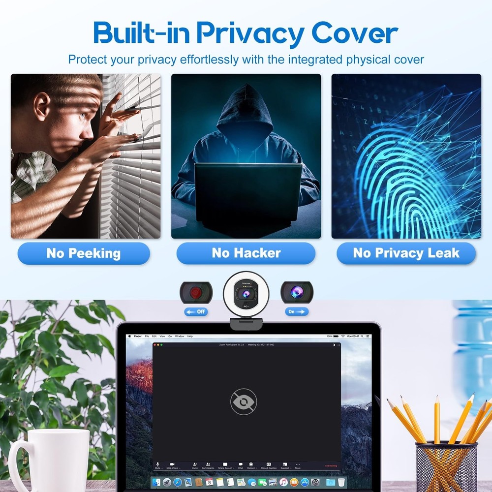 4K Webcam with Ring Light Web Cam 4K Autofocus with TOF Computer Camera 1080P...