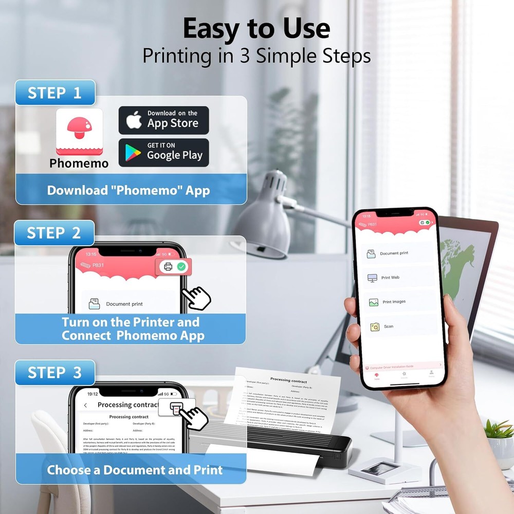 Phomemo P831 Portable Printer Wireless Bluetooth Small Printer A4 for Travel