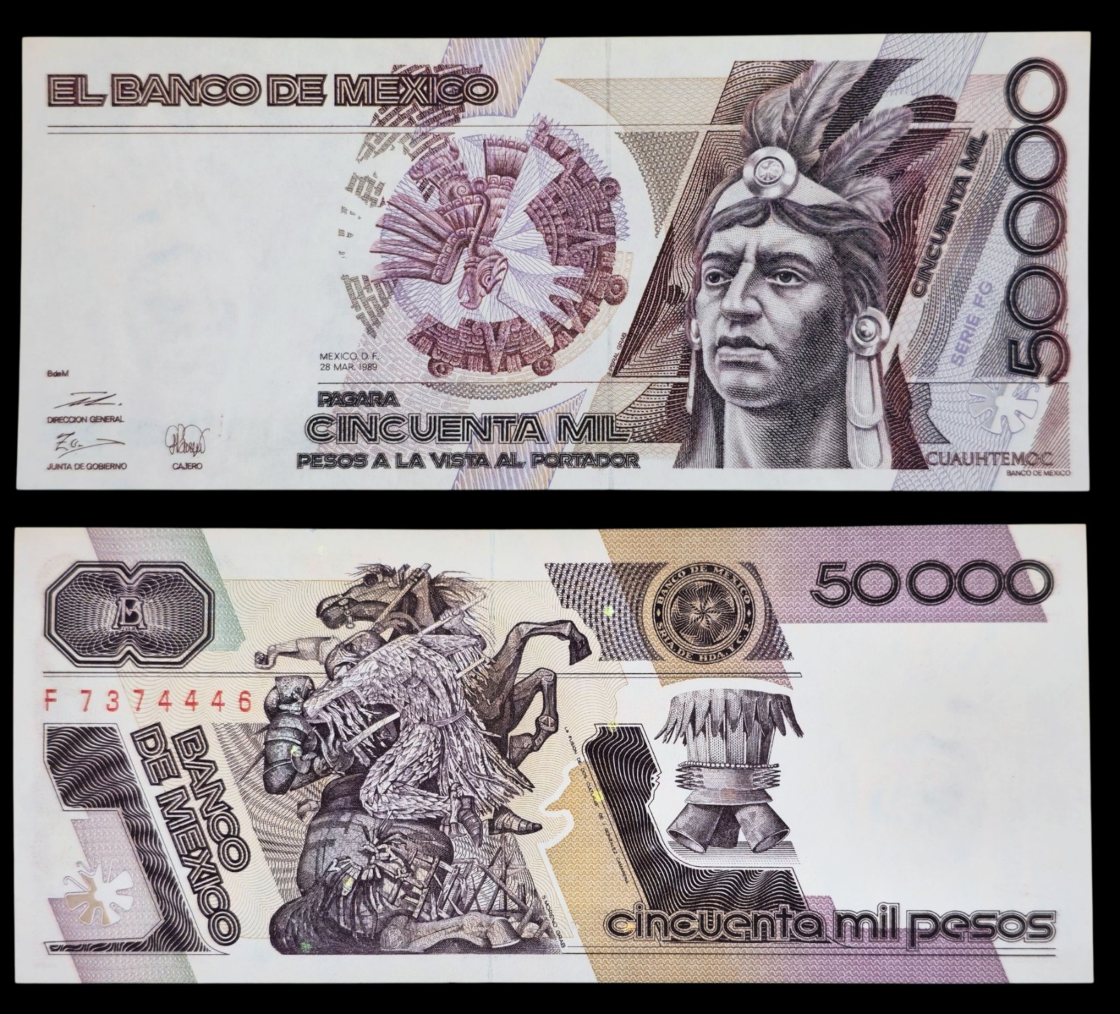 🇲🇽  1989 Mexico 50000 Pesos Banknote, Cuauhtémoc, Aztec Warrior, Serpent, Rare