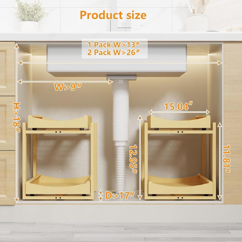Bamboo Under Sink Organizer Adjustable Height 2 Tier Bathroom Organizer Pull Out