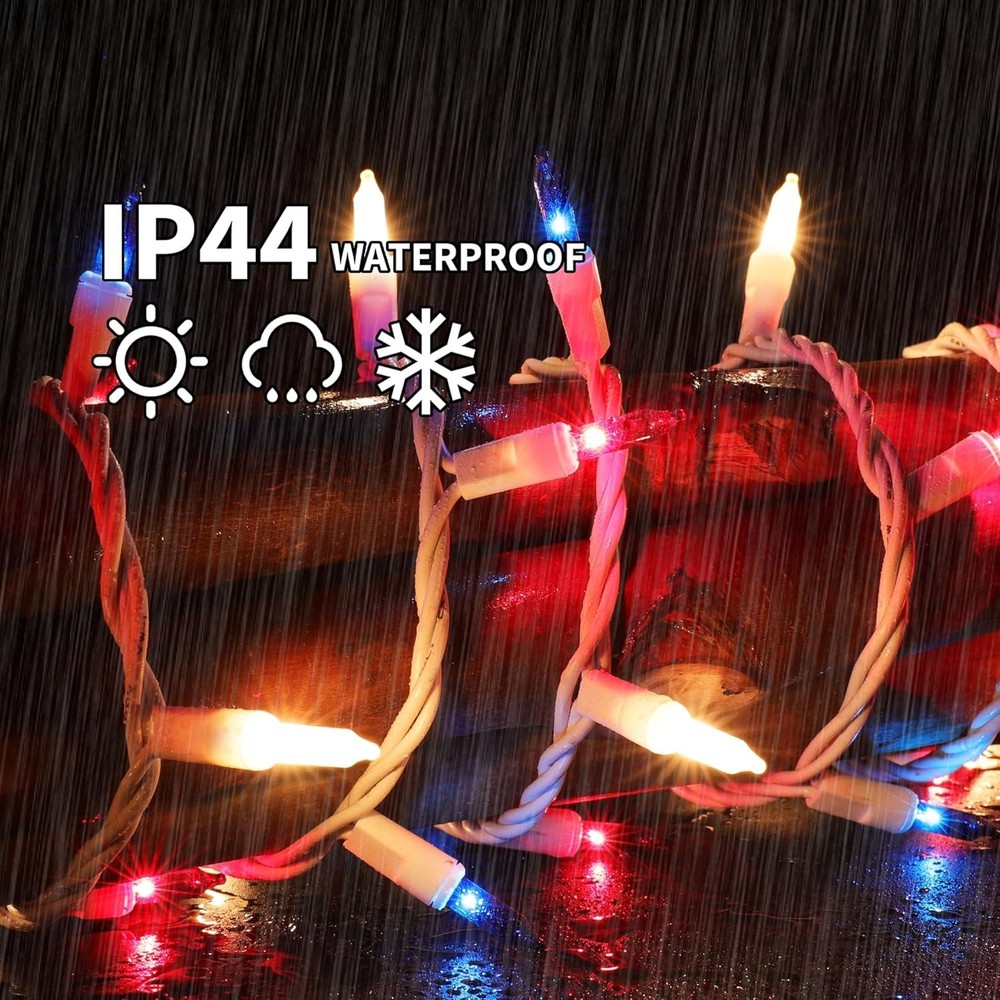 100 CT Red White and Blue Mini String Lights with White Wire, Connectable 19.6ft