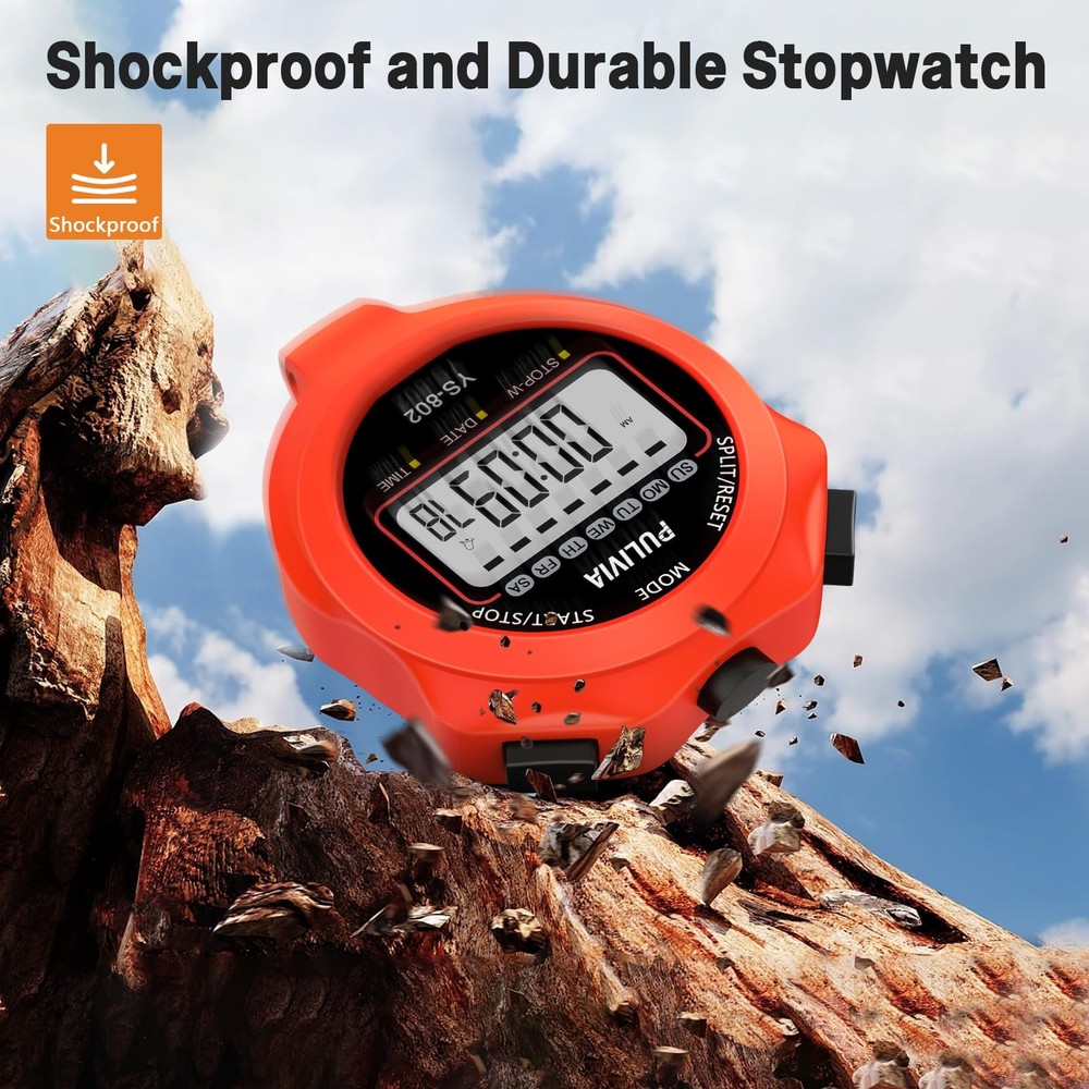 PULIVIA Sports Stopwatch Timer Single Lap Split Digital Stop Watch for Red