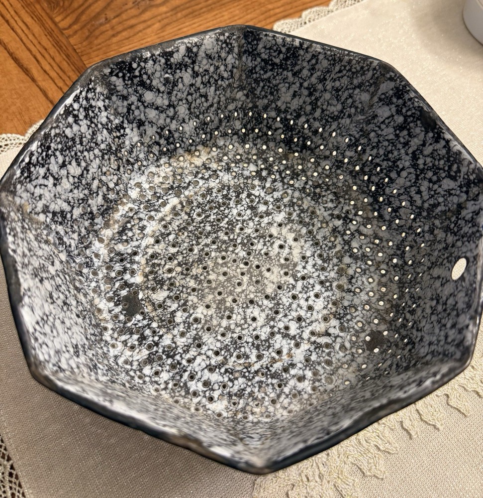 Vintage Small Enamelware Colander - Black and White - Octagonal