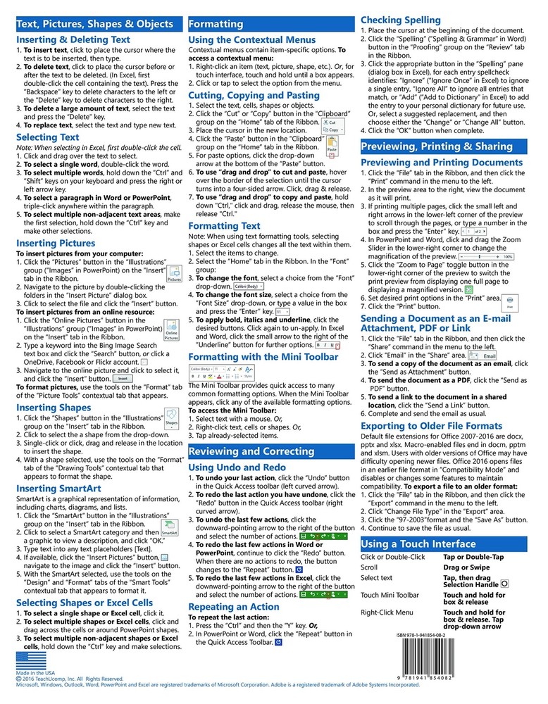 Microsoft Office 2016 Training Guide Quick Reference Card 2 Page Cheat Sheet