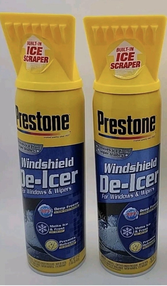 Prestone Windshield De-Icer Spray w/ Built-In Ice Scraper (2 Pack) Fast Ice Melt