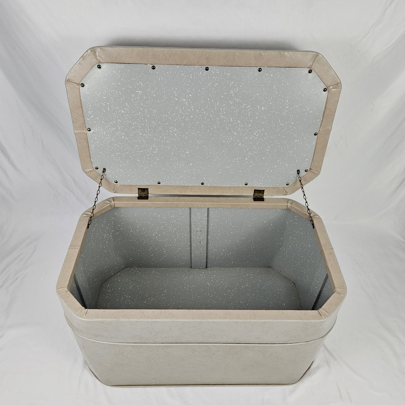 Vintage Storage Ottoman Footstool Bench Gray Naugahyde Boho Mid-Century