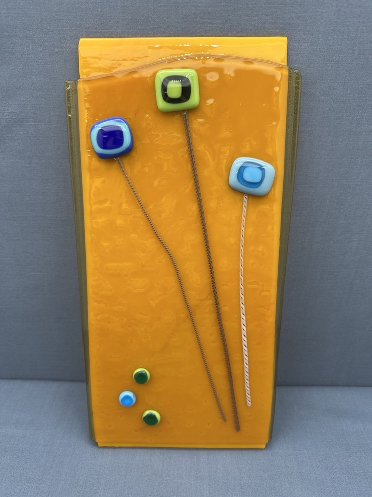 FUSED GLASS Rectangular 12" ART PANEL Orange ABSTRACT Signed DECORATIVE PLATE
