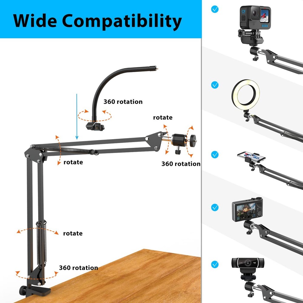 Overhead Camera Mount with Ring Light, Flexible Articulating Phone Arm Stand ...
