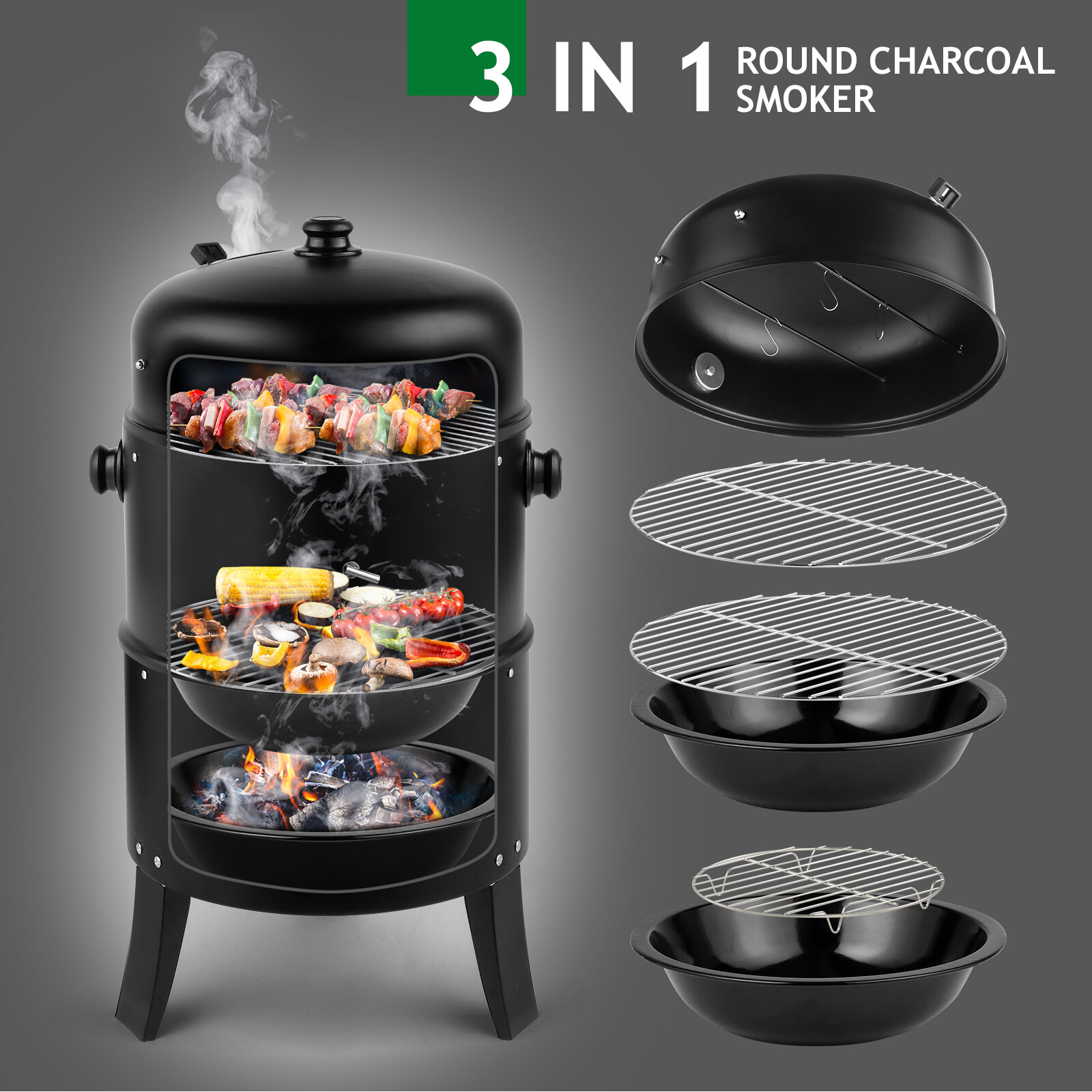 Charcoal Smoker BBQ Grill 3in1 Outdoor Vertical Smokers Portable Meat Cooker