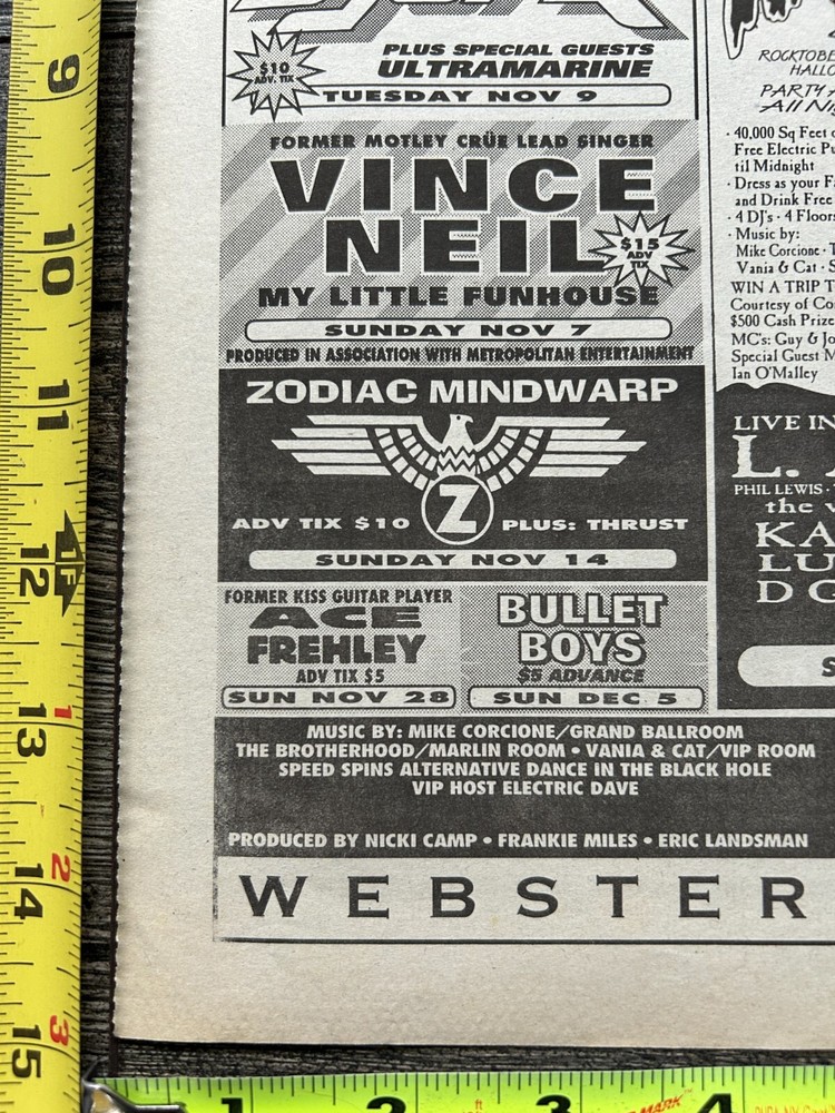 KISS Concert Ad Advert ACE FREHLEY Tour Nov 28 1993 Webster Hall NY Vintage Kiss