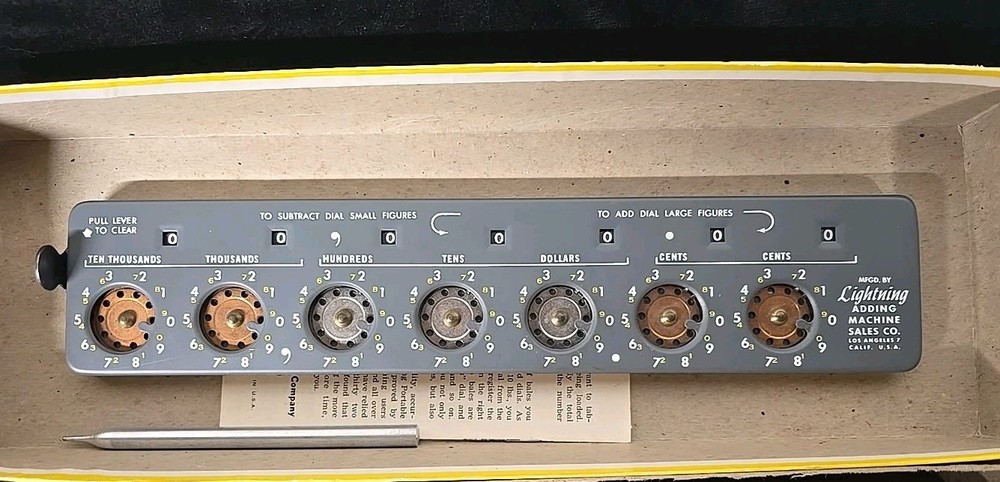 Vintage Lightning Portable Adding Machine. With Box, Tool, Machine And Stand