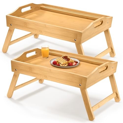 Bed Table Tray with Folding Legs, (2 Pack) Laptop Holder and Handles -