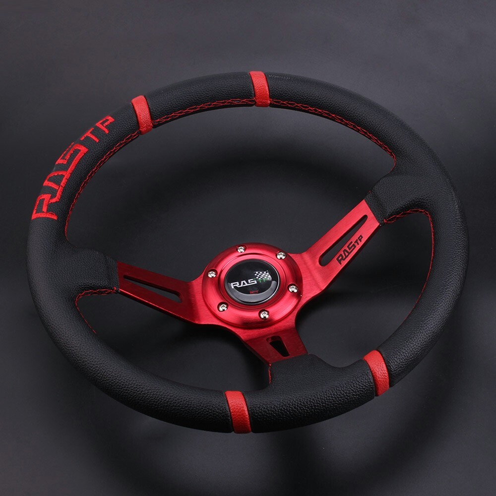 14inch Red Deep Dish Drifting Racing Steering Wheel+Red Quick Release Adapter