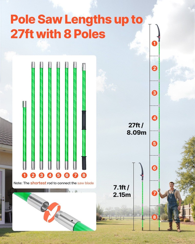27ft Tool-Free Extendable Pole Saw with Rust-Resistant 65Mn Double-Hook Blade