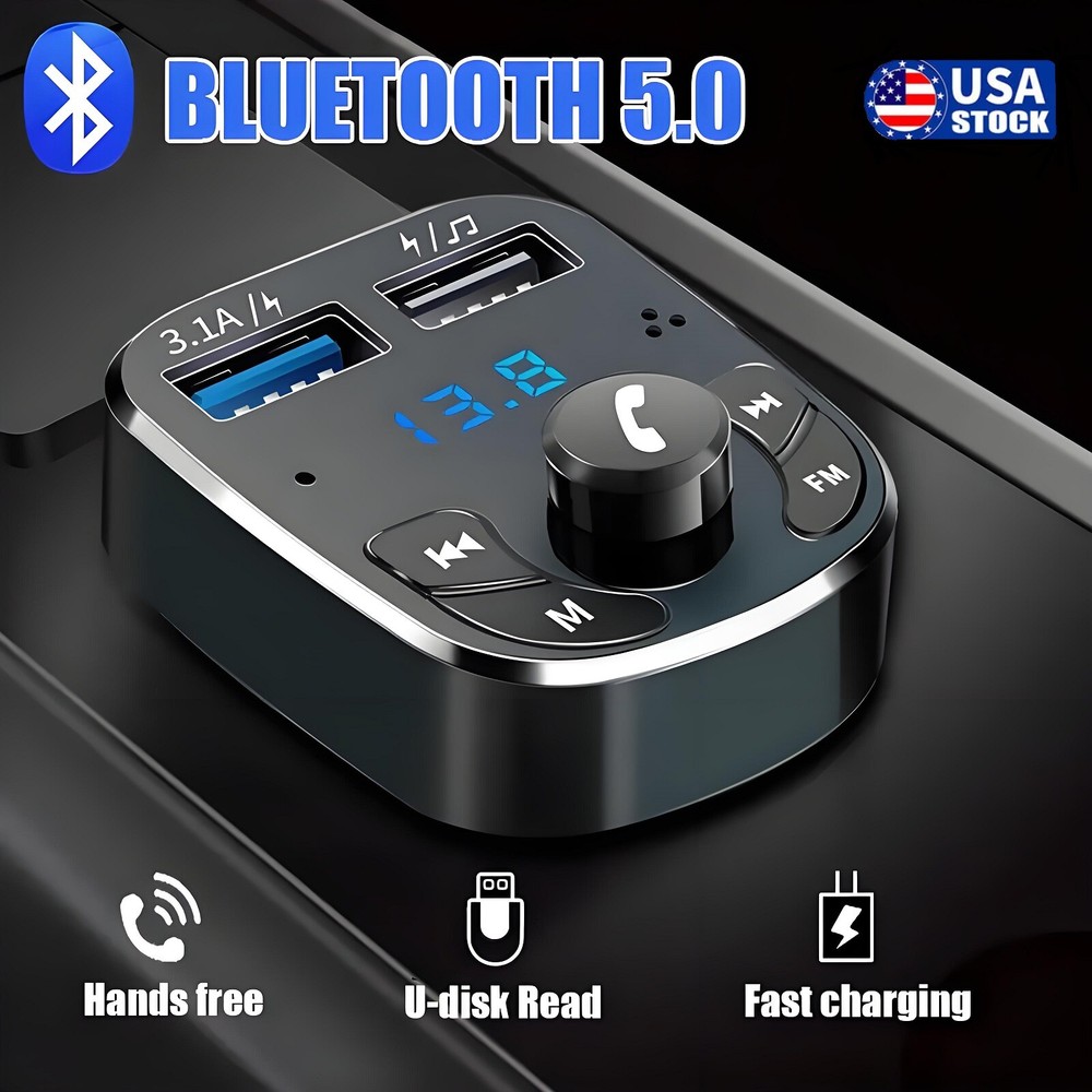 Bluetooth 5.0 Car Wireless FM Transmitter Adapter 2USB PD Charger AUX Hands-Free