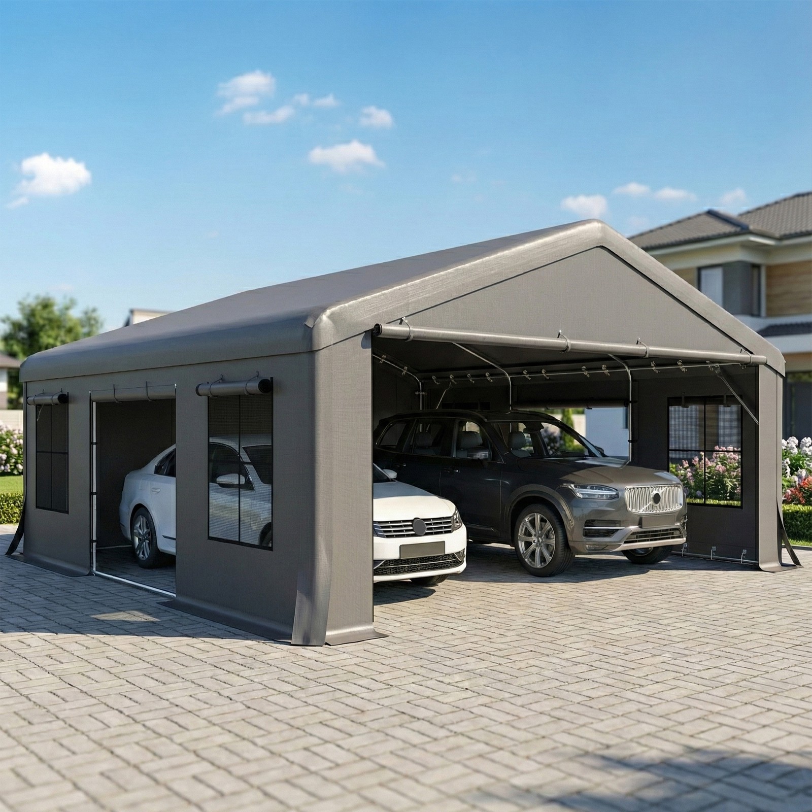 20' x 20' Heavy Duty Carport, Portable Garage with Doors, Windows, Dark Gray