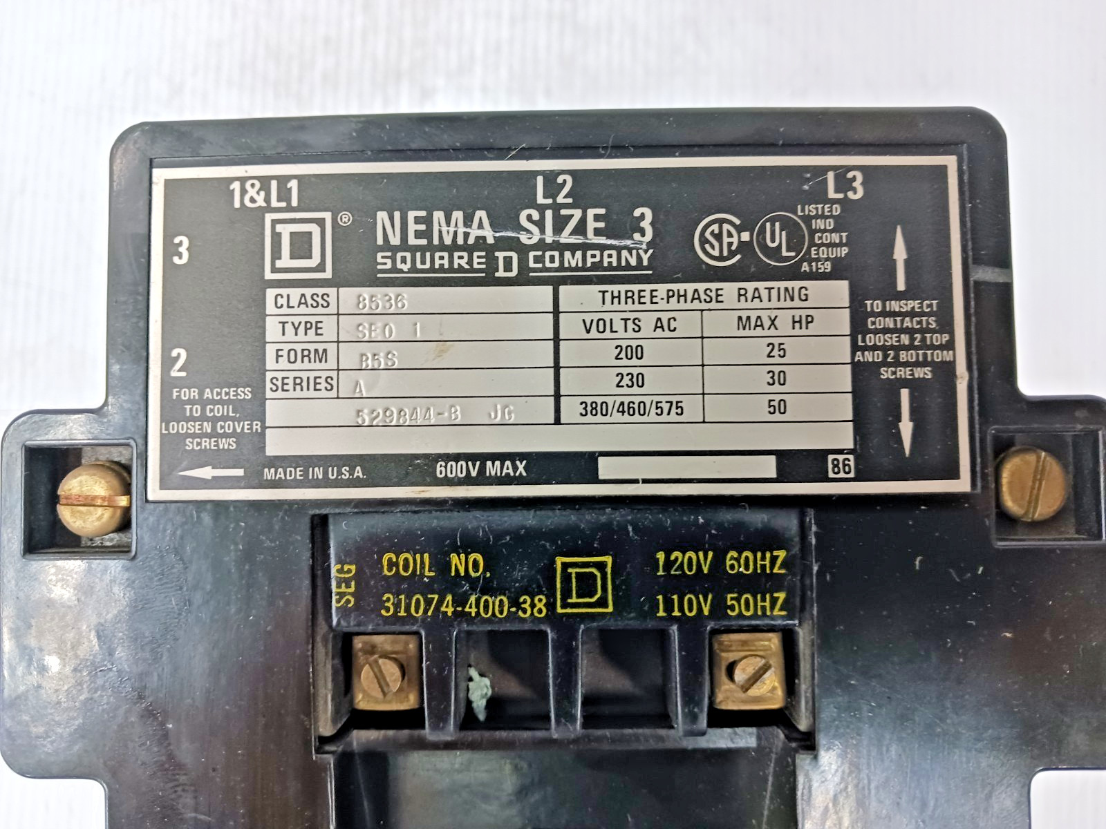 Square D Size 3 Motor Starter 600 VAC Max 120 VAC Coil 50 HP Max 8536SEO1