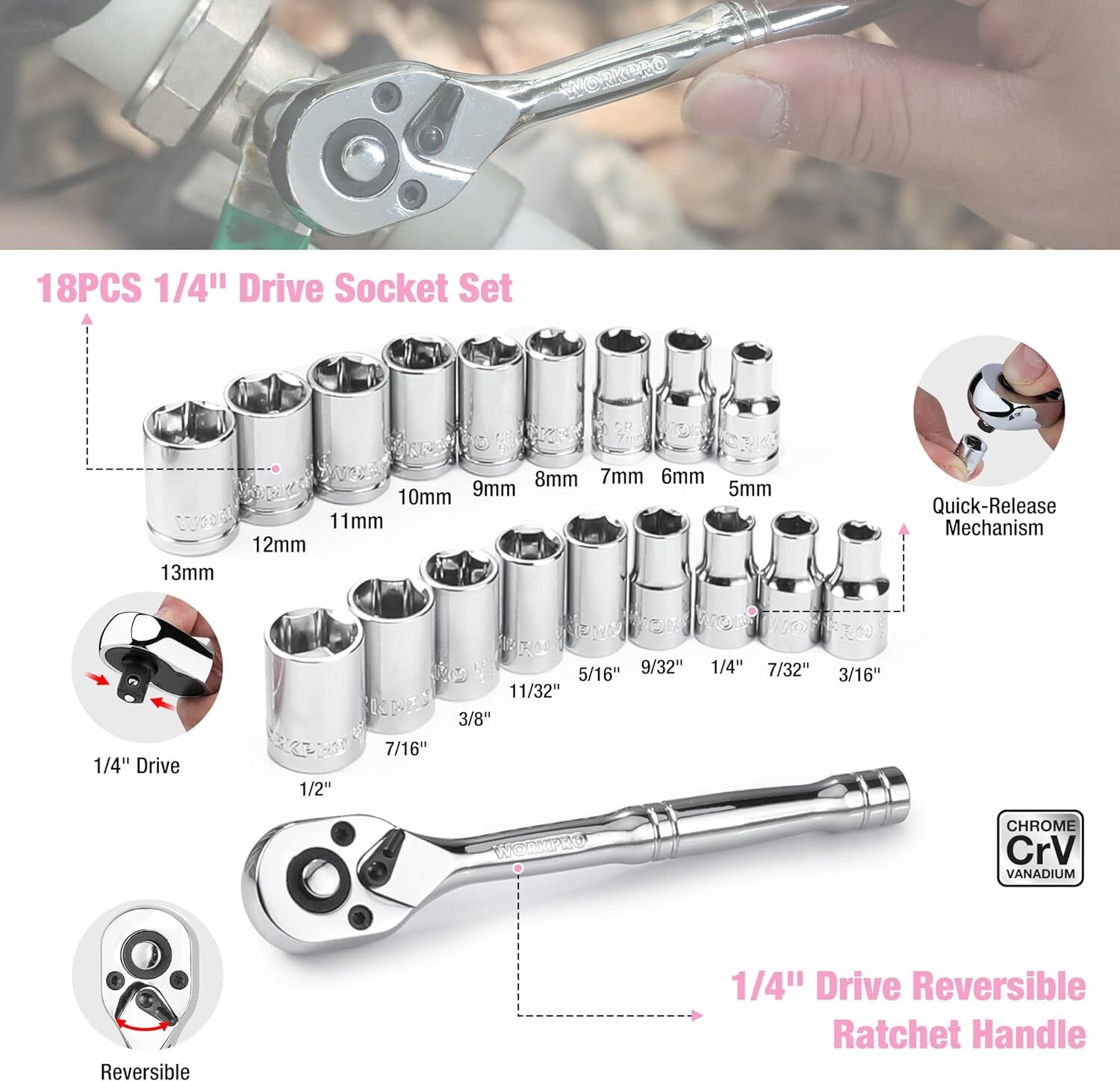 WORKPRO Pink Household Home Tool Kit, 284PC Mechanic Tool Set with Socket Set