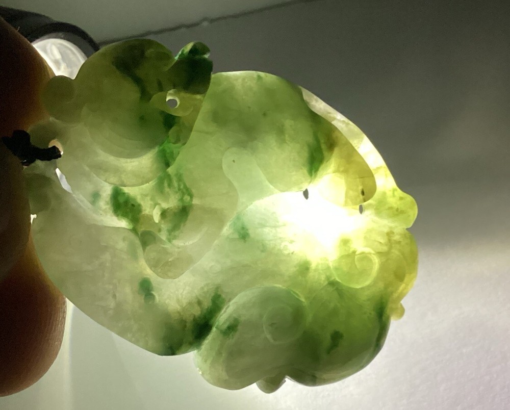 Green 2 Sided Jadeite Bear & Mushroom Translucent Pendant