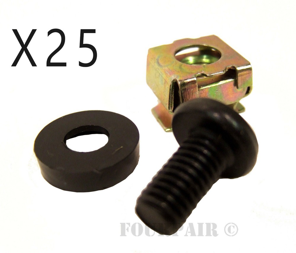 25 Pack Lot - M6 Rack Mount Cage Nuts, Screws, & Washers - Square Clips Server