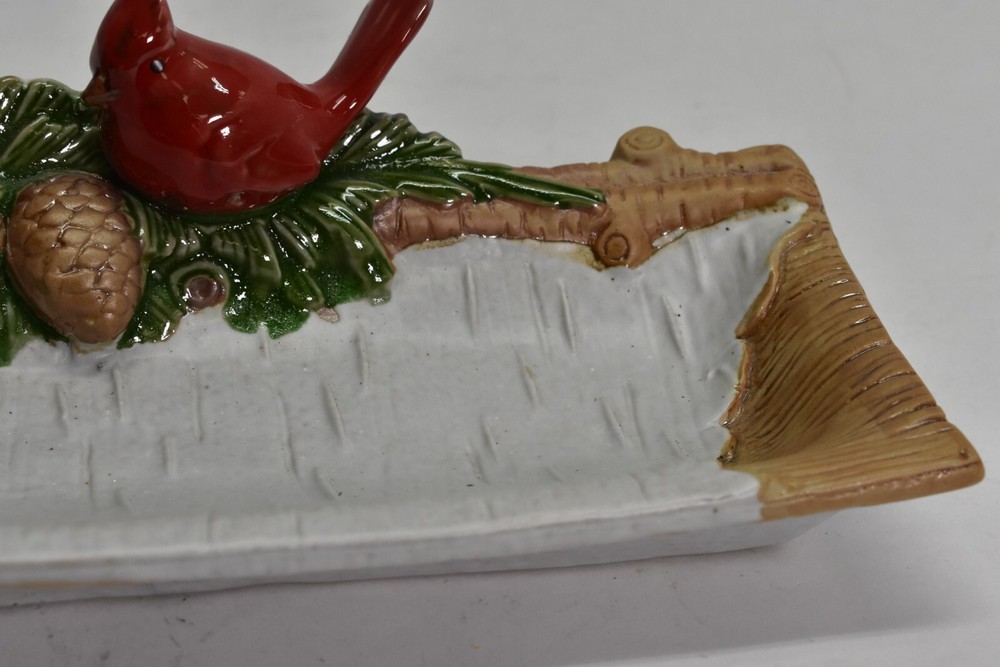 Holiday Serving Tray Cardinal Red bird Pine Cone & Snow Ceramic Rectangular Dish