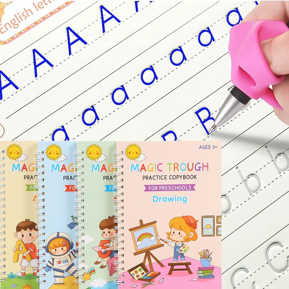 4 Pc Magic Grooved Practice Copybook,Reusable Small-(5.1in×7.3in)