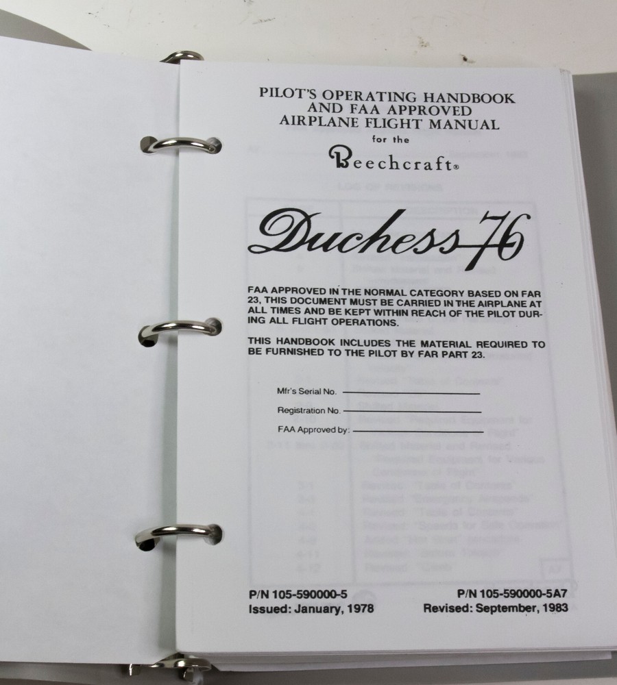 Beechcraft Dutchess 76 Pilot's Operating Handbook September 1983 edition