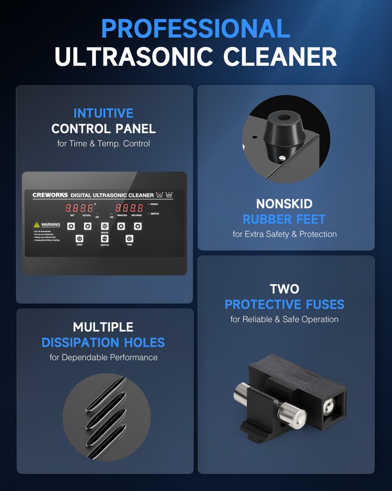 CREWORKS 22L Digital Sonic Cleaner with Control Panel 1200W Heater & Degas Mode