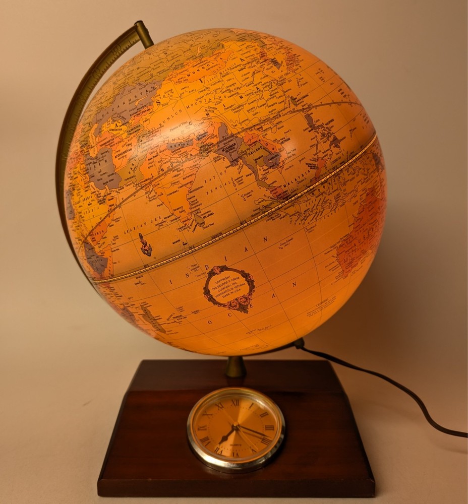 Replogle Illuminated Globe Vintage Wood Base Clock Lighted Rare EUC