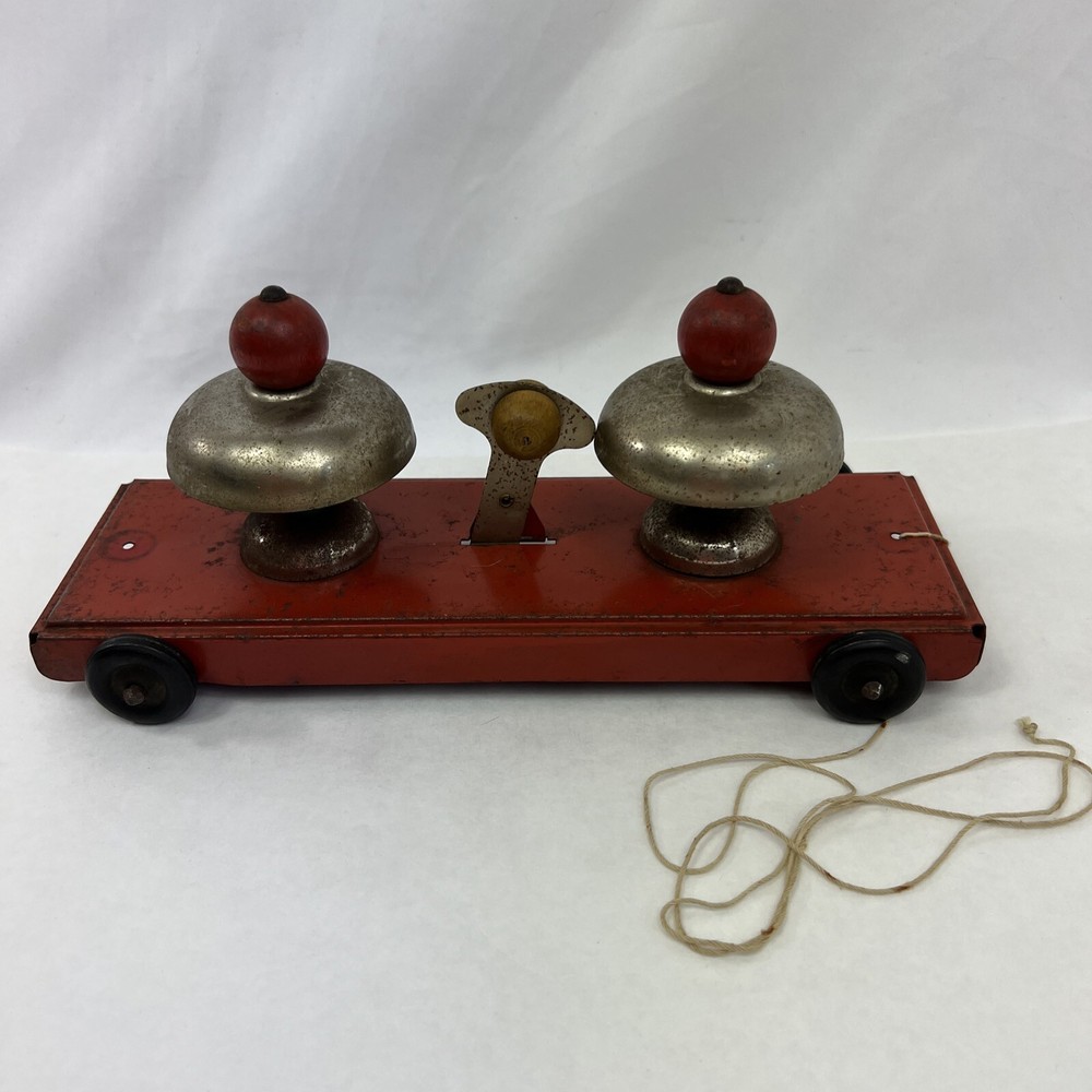 Vintage Pressed Steel Pull Toy - Double Bell No String Marx Red Tin