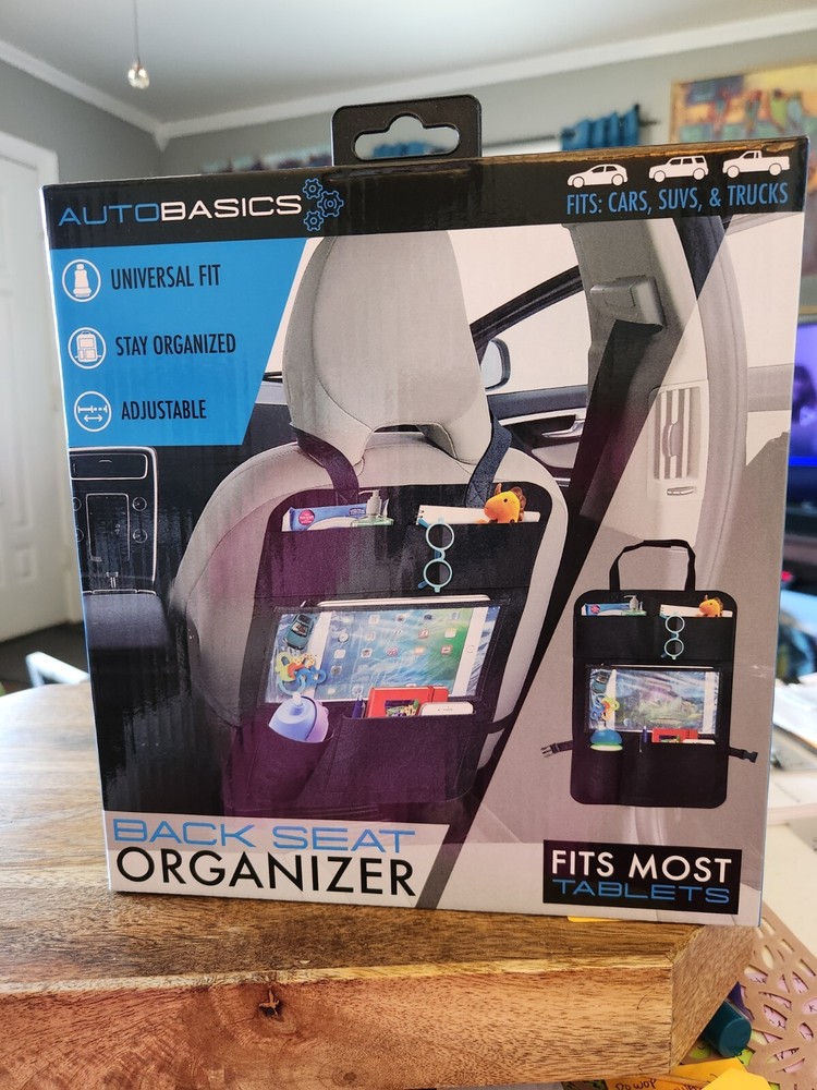 Auto Basics Back Seat Organizer w Multi-Pockets for Tablets, Bottles & Stuff NIB