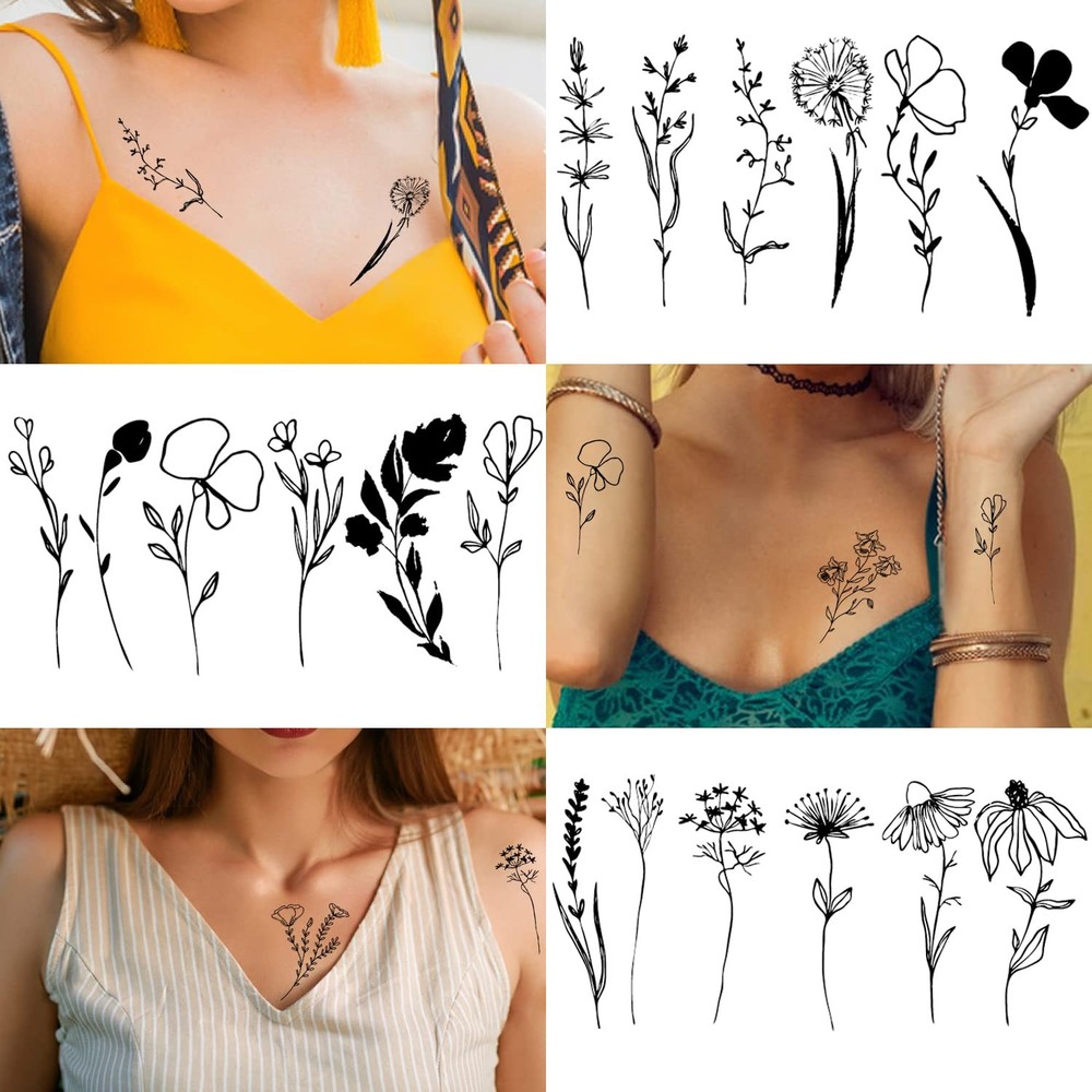 Cerlaza 75 Styles Tiny Black Flower Branch Temporary Tattoos For Tiny,