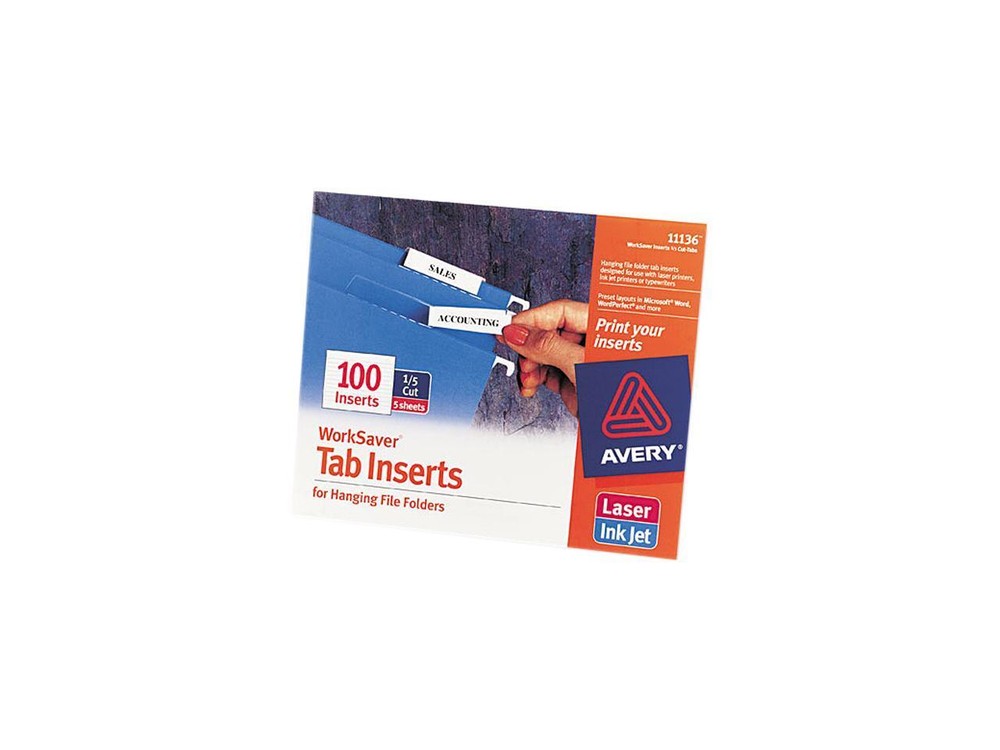Avery 11136 Printable Inserts for Hanging File Folders, 1/5 Tab, Two Inch, White