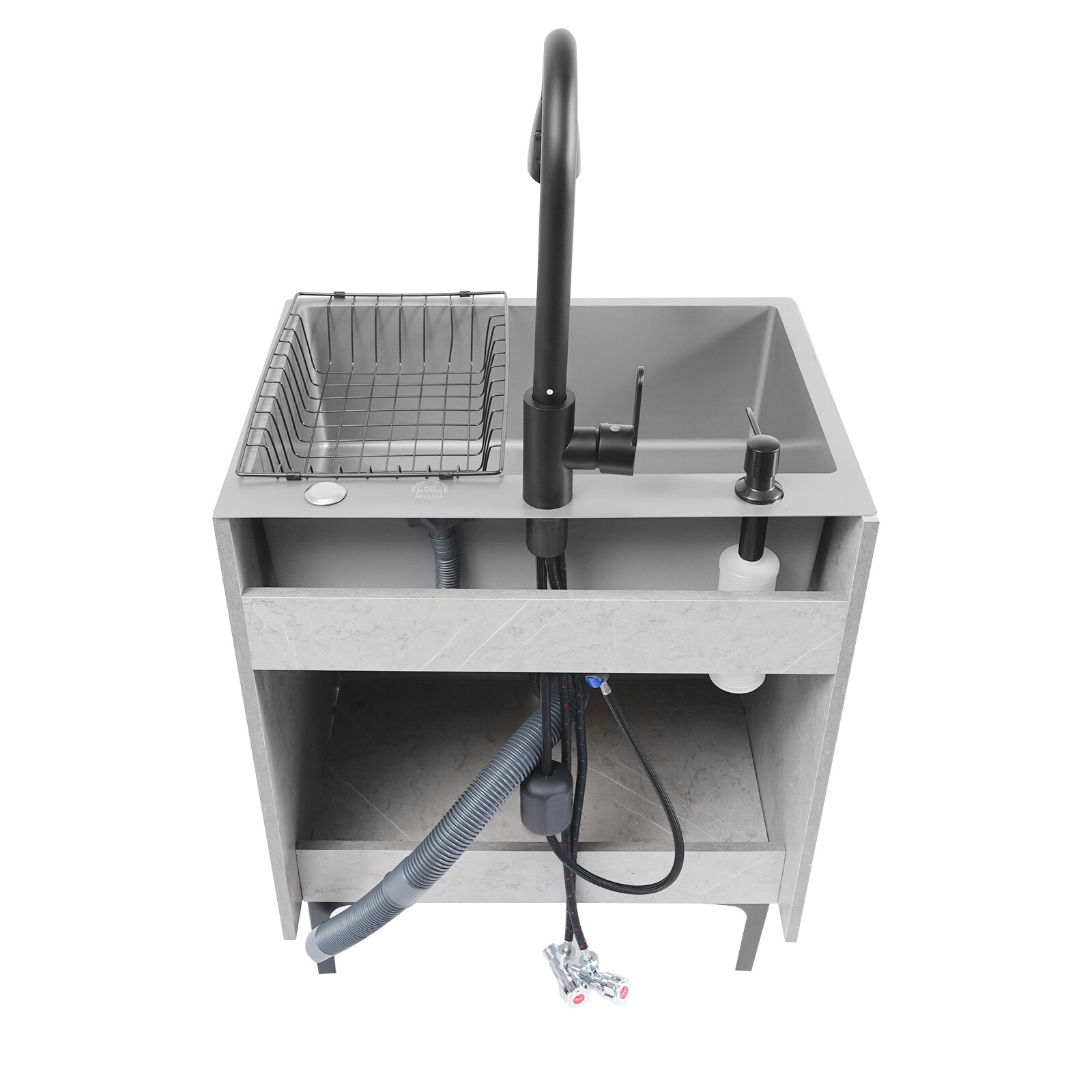 Gray Laundry Stainless Steel Sink with Cabinet + PDraining Basket+Faucet