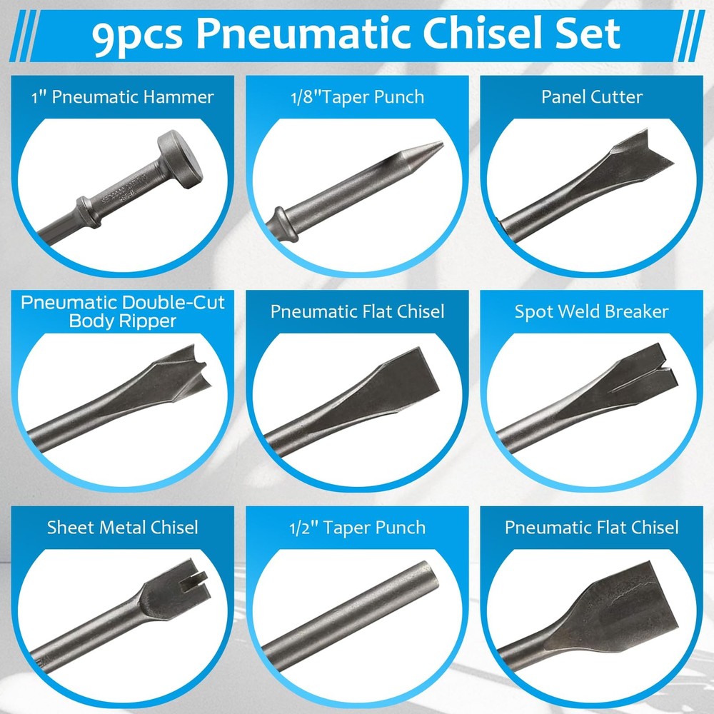BTSHUB Air Hammer Chisel Set 9pcs Pneumatic Medium to Large