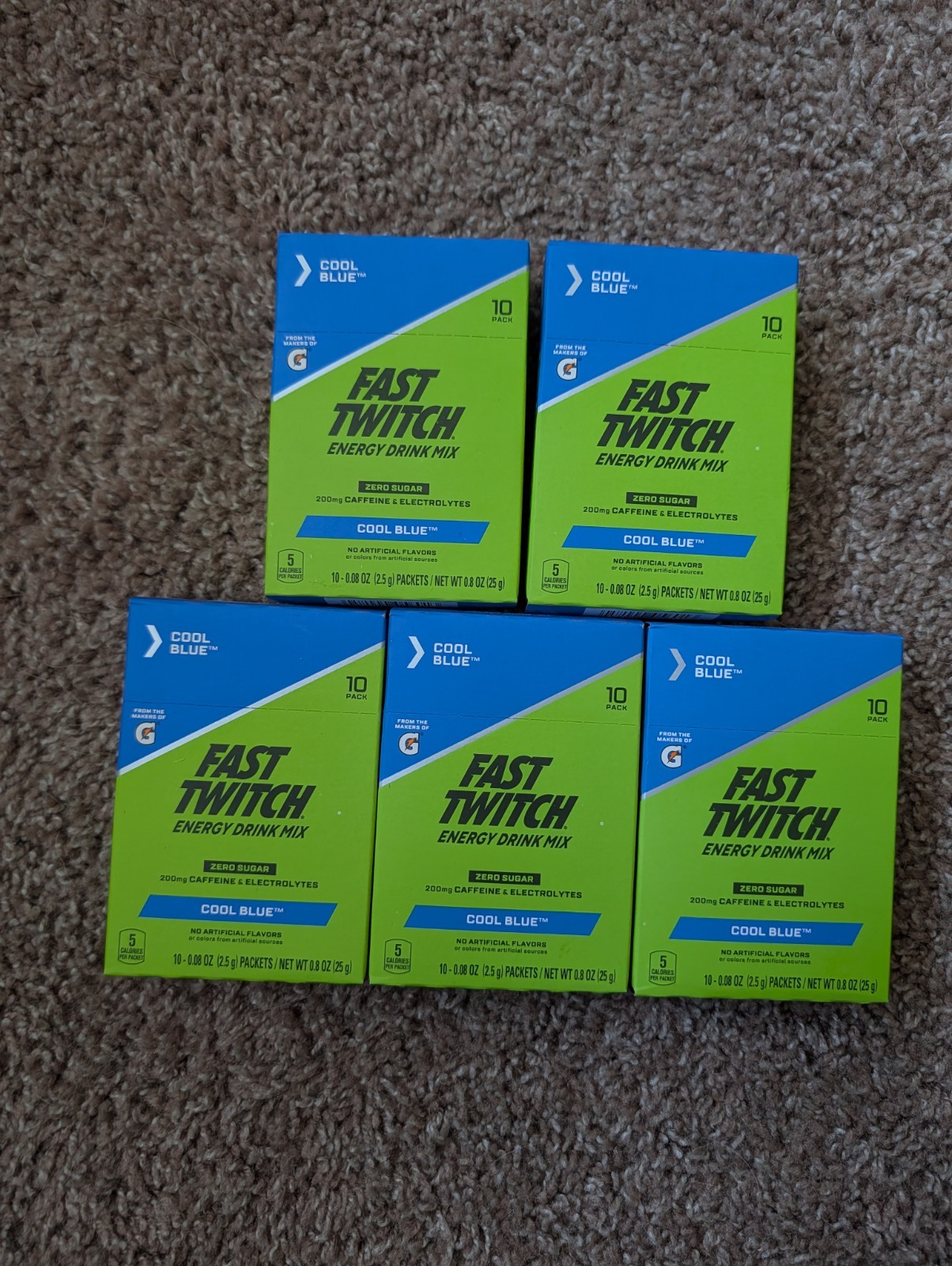Gatorade Fast Twitch Cool Blue drink mix caffine 5 boxes 50 servings