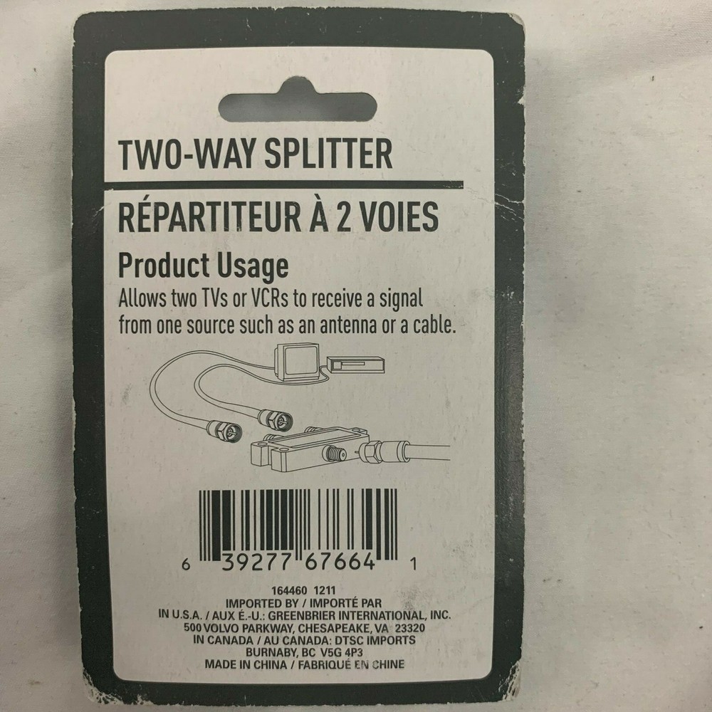Two way Cable Splitter New in Package Video Accessory