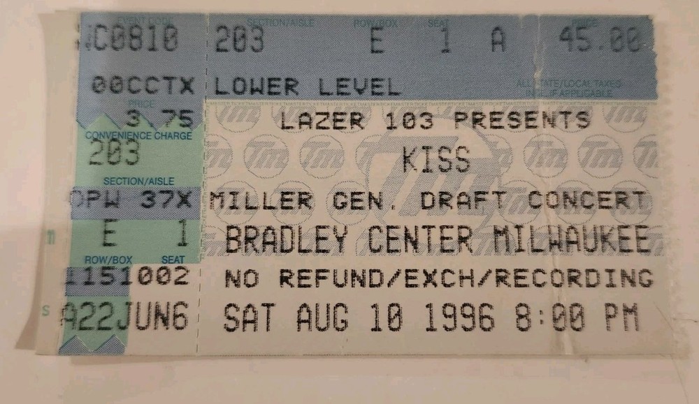Kiss Concert Ticket Stub Bradley Center Milwaukee WI 8/10 1996