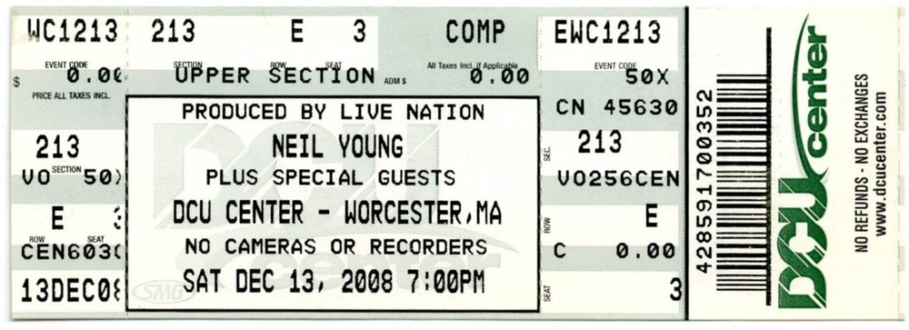 2008 NEIL YOUNG concert ticket DCU Center Worcester MA 12/13/08 WILCO Amy Grant