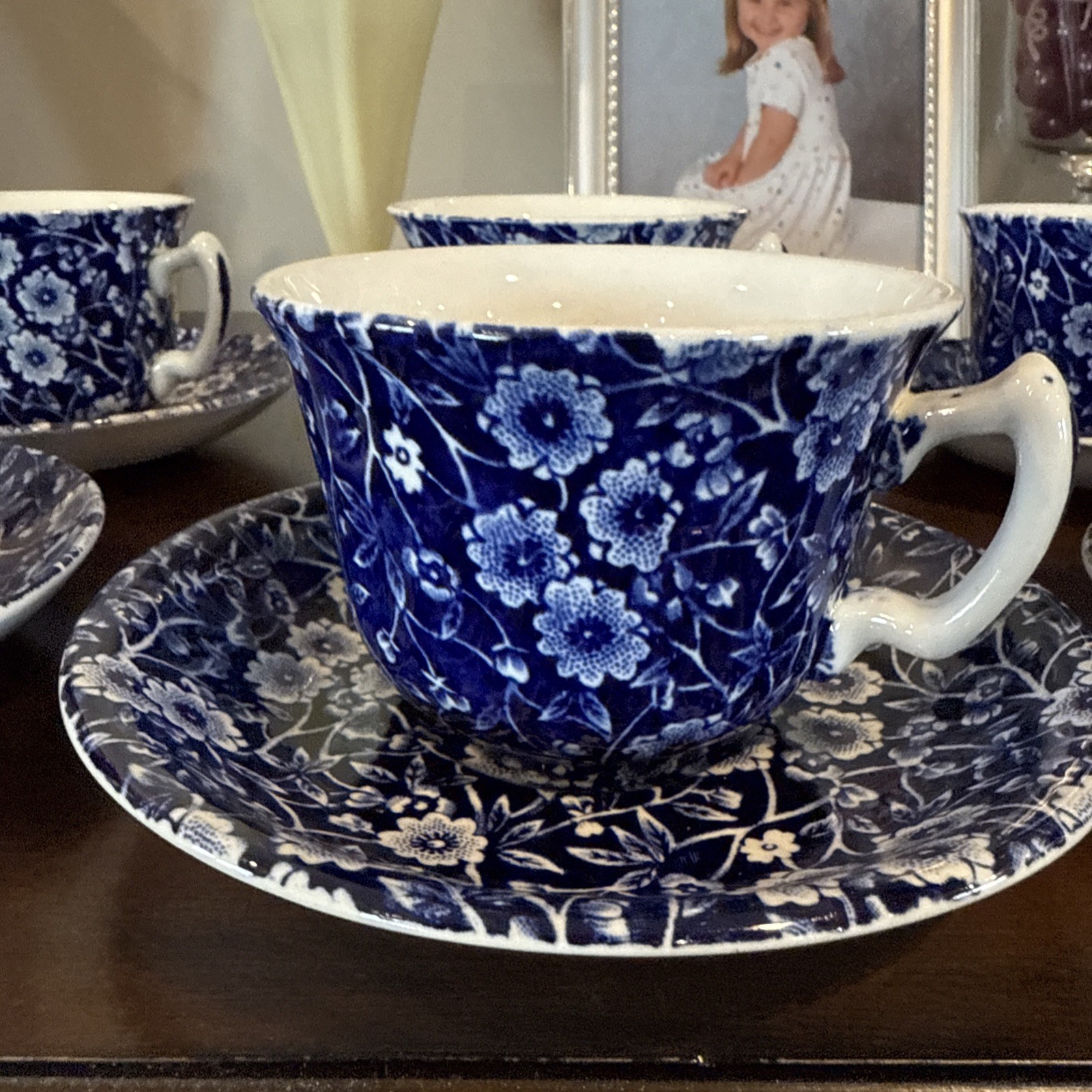 Vintage ROYAL CROWNFORD Blue Calico Cup & Saucer 13 Sets Sold Each Excellent