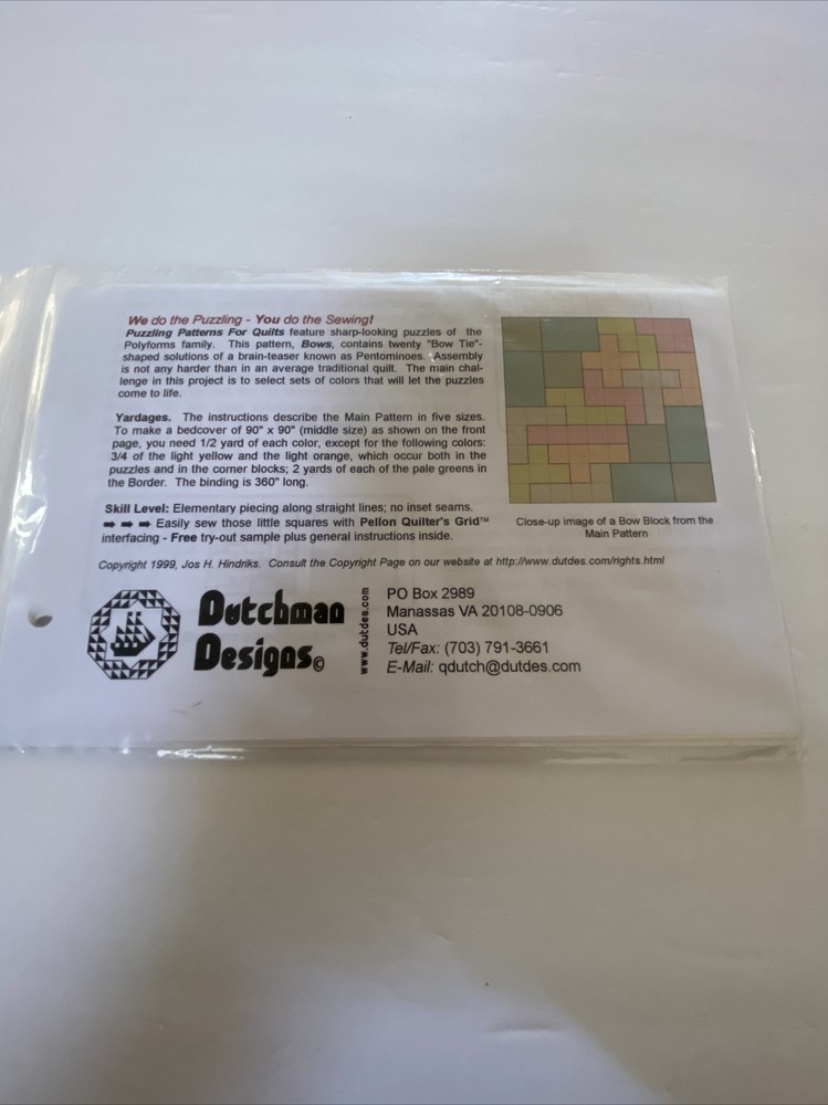 Dutchman Designs Quilt Pattern By Jos Hindriks “Bows” Puzzline Patterns Series 3