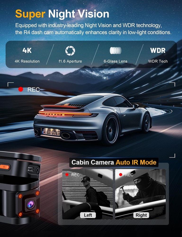 360° View 4K 4 Channel Dash Cam Front and Rear Inside Left Right, Built-in GP...
