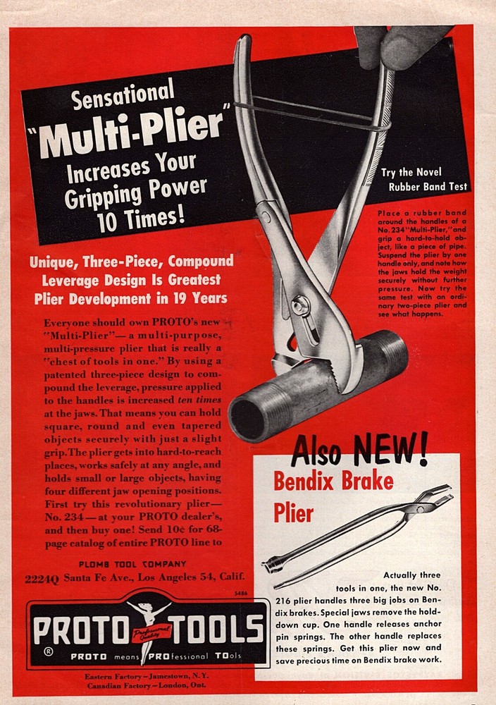 1954 Proto Tools Multi-Plier Multipurpose Pliers Original Print Ad