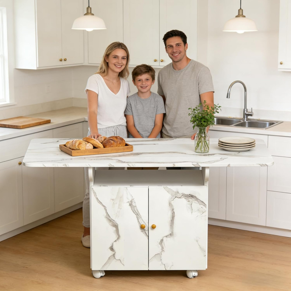 47" Rolling Kitchen Island with Storage & Drop Leaf - White Marble Top