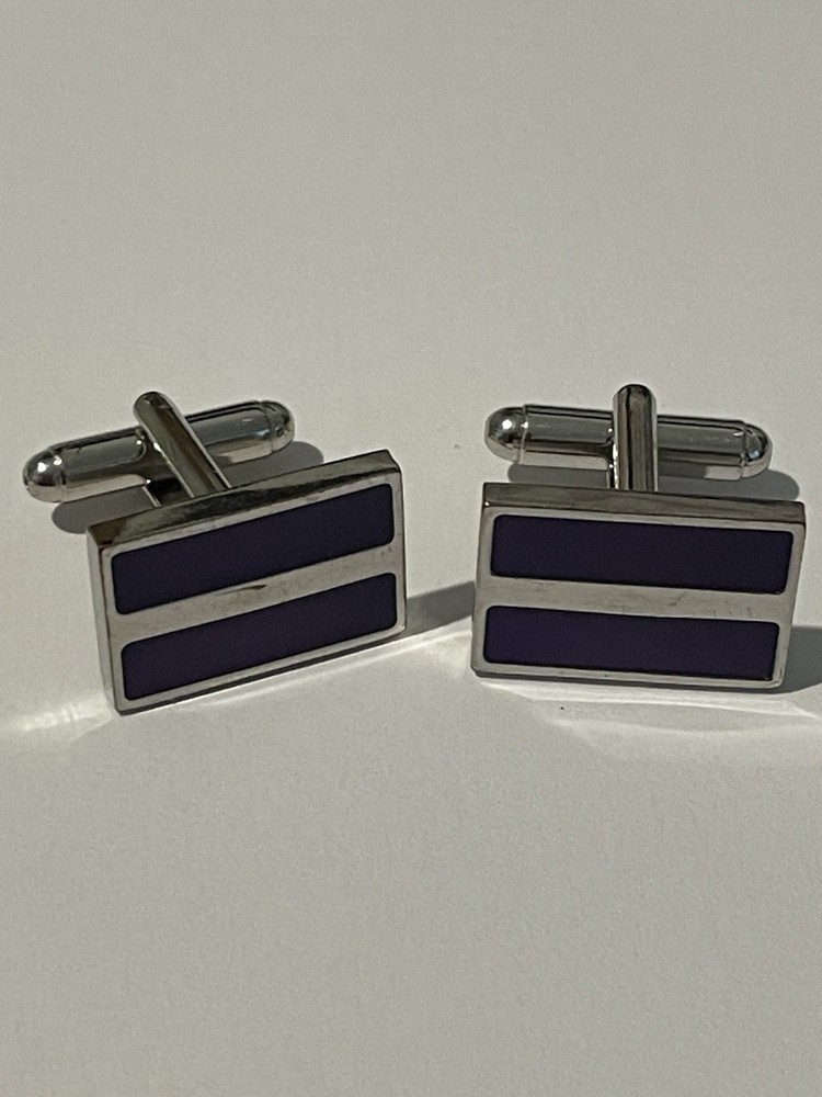 Men’s Cufflinks Silver-tone Purple Lined Front, Rectangular Bullet Back