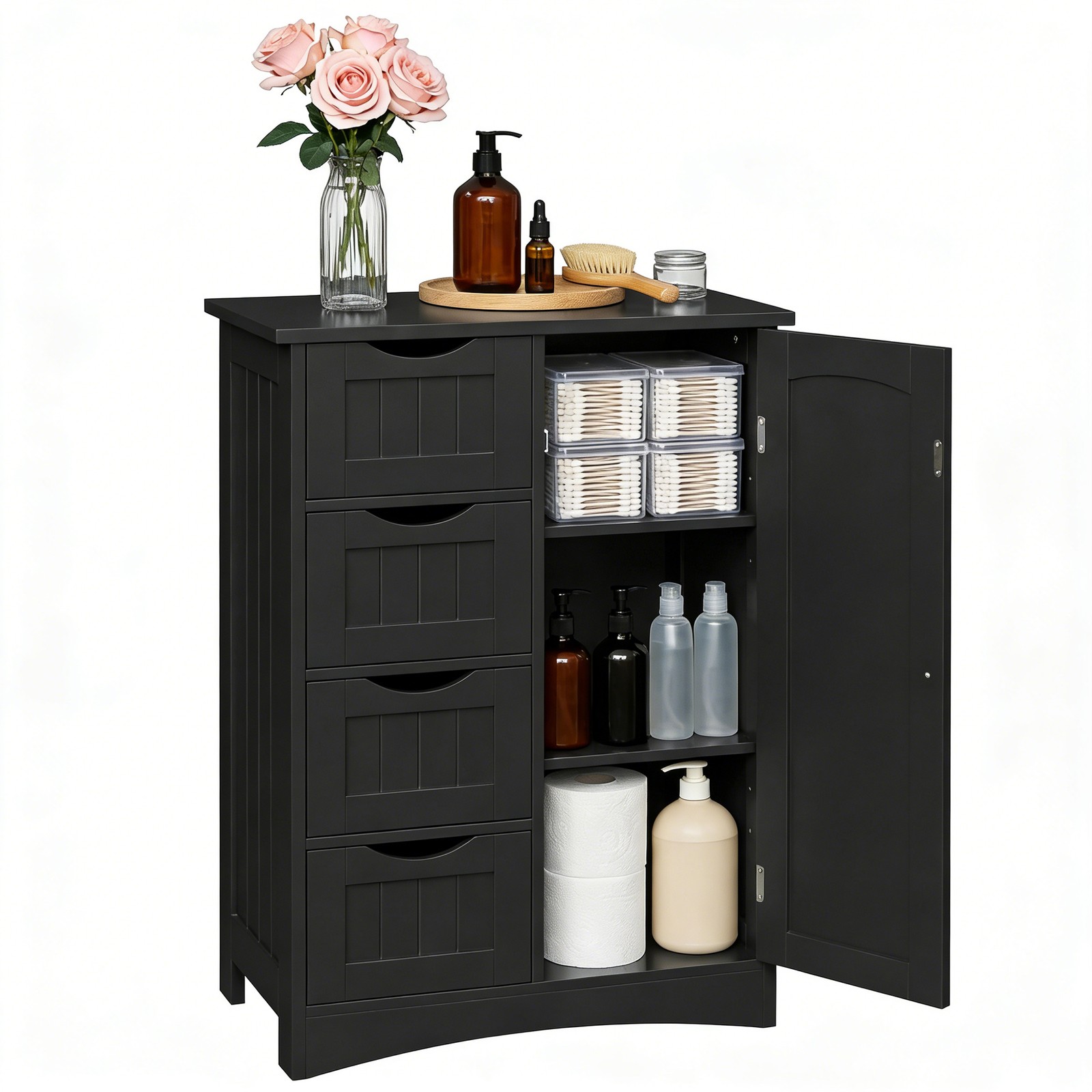 Bathroom Floor Storage Cabinet w/4 Drawers Adjustable Shelves Freestanding Black